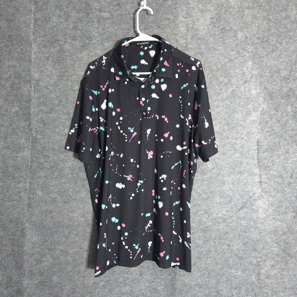 Byrdgang Paint Splatter Polo Mens XL Black Pink Teal Performance Stretch Golf